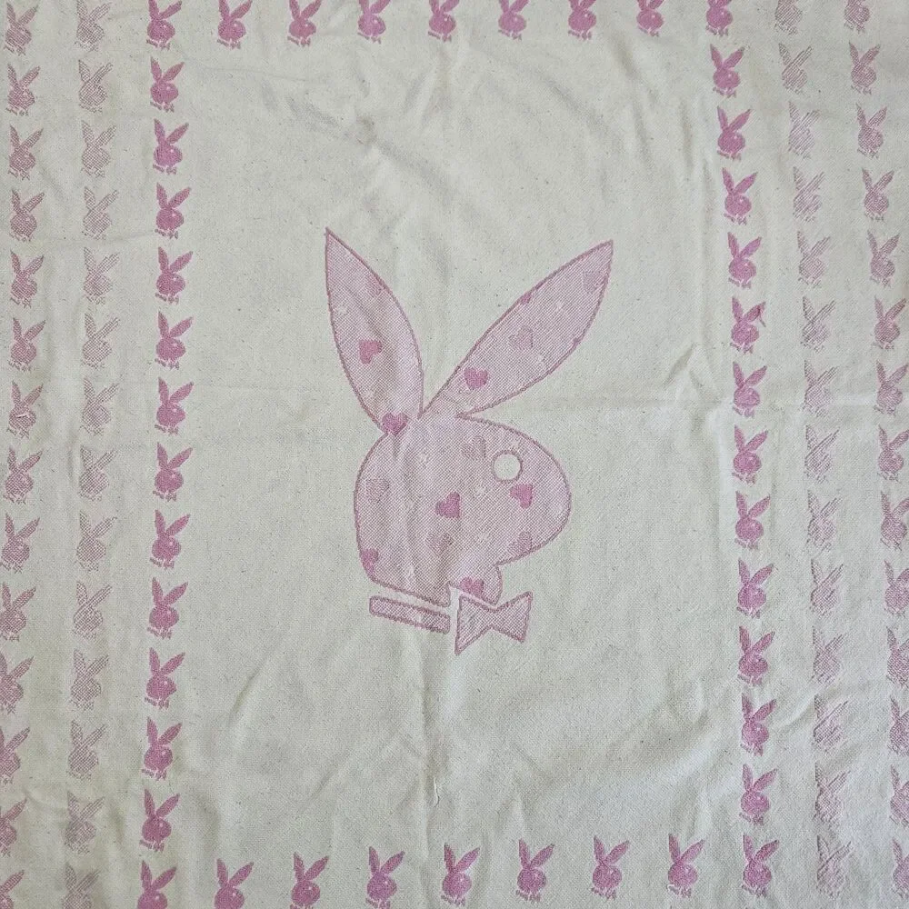 Vintage 2004 Playboy Bunny Reversible Throw Blanket Pink Cream Y2K Fringe